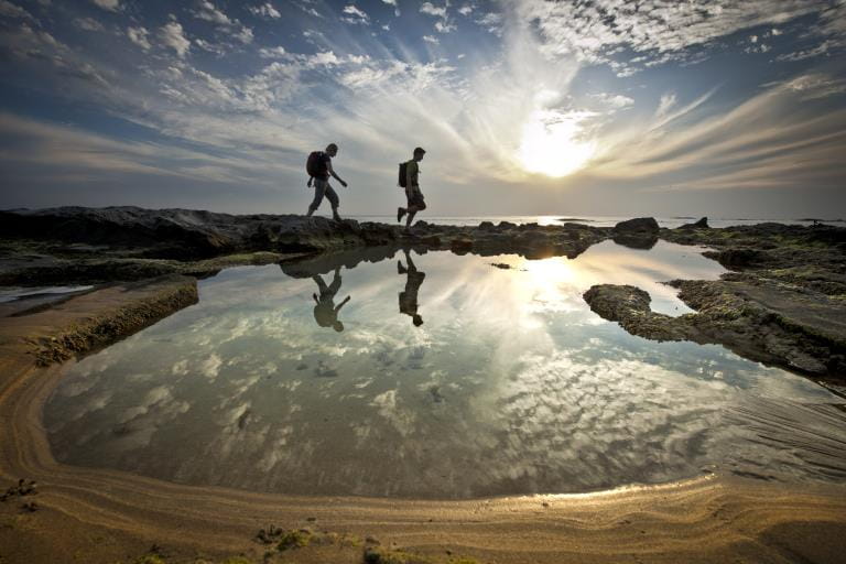 People, Beach, Rockpool, Coast, Scenery, Walking, Great Otway National Park, Great Ocean Walk, Moonlight Head, Wreck Beach, Couple, pair. visitors, hike, adults, low light, reflection;