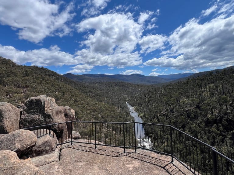 Anglers Rest Walking Track barrier at lookout.
