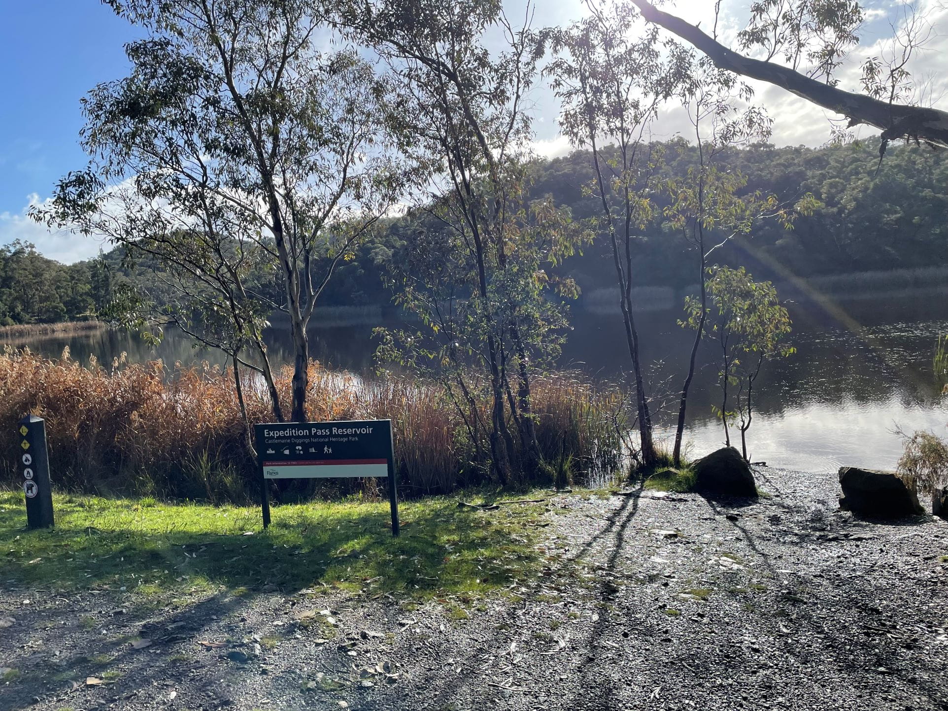 Image shows the reservoir on a sunny day, surrounded by trees and reeds.