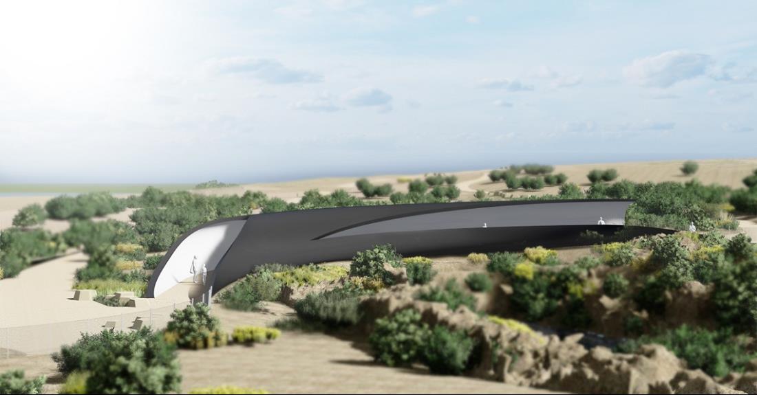 Artists impression of the Loch Ard Blowhole. A hollow, tubular bridge crossing a sandy landscape.