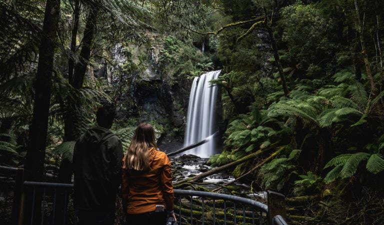 Two people looking at Hopetoun Falls in Great Otway National Park