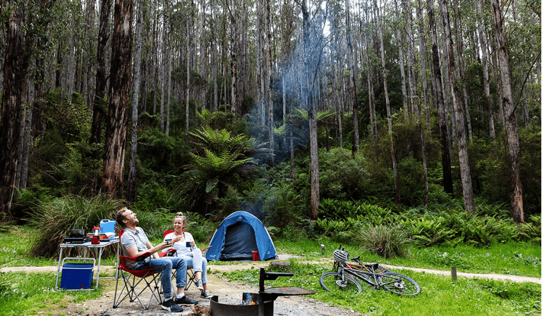 A couple camping at Lake Elizabeth Campground, Great Otway National Park