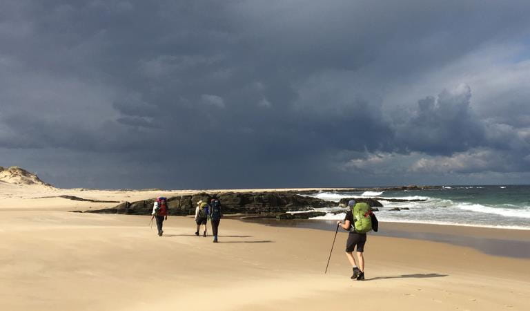 Three friends hike along the coastline at the Cape Howe Wilderness Zone as part of the Wilderness Coast Walk. 