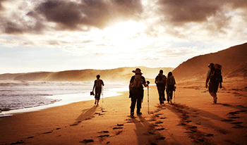 Five people walking along the beach at sunset