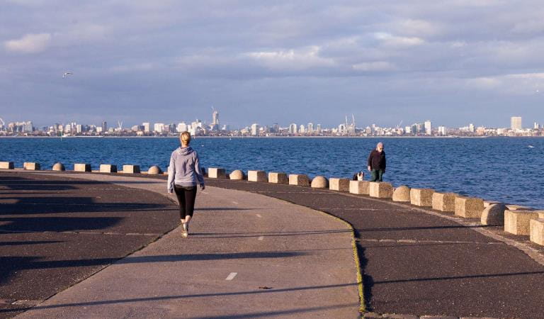 Walking along Steve Bracks Promenade at Point Gellibrand Park