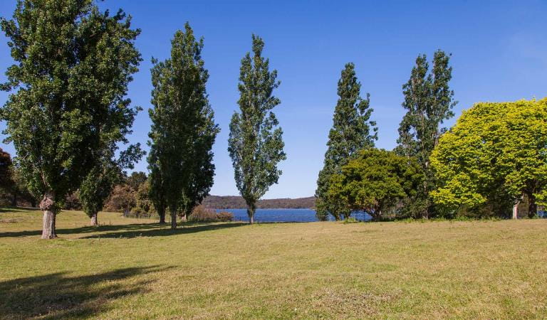 The view of the water from Saddle Dam Picnic Ground at Sugarloaf Reservoir Park.