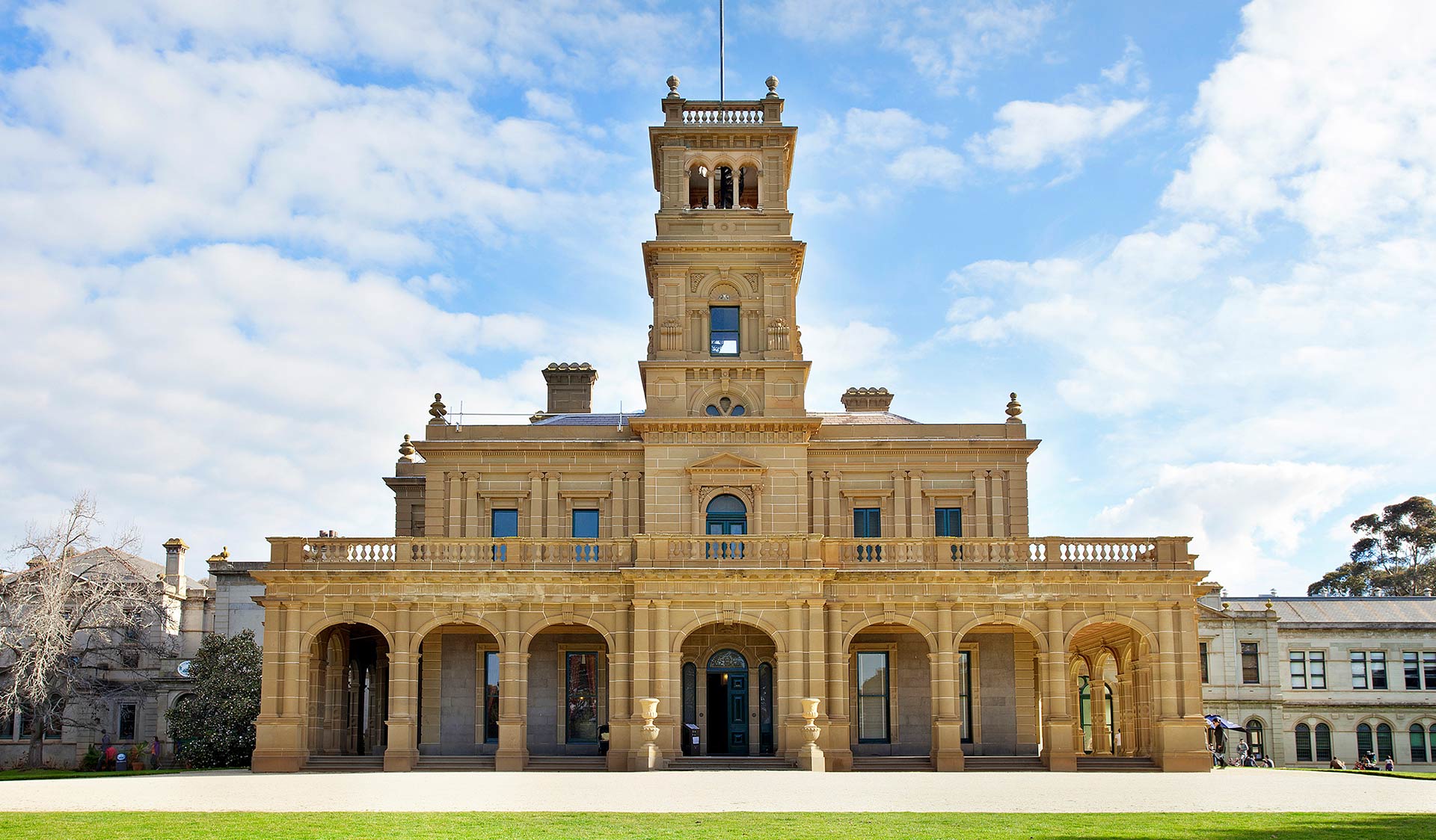 The facade of the historic Werribee Park Mansion. 