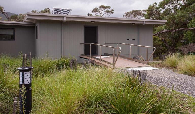 The entrance, including low angle ramp, to the accessible unit in Tidal River at Wilsons Promontory National Park