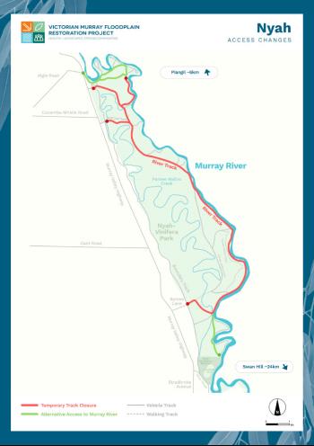 An infographic map of road closures in Nyah.