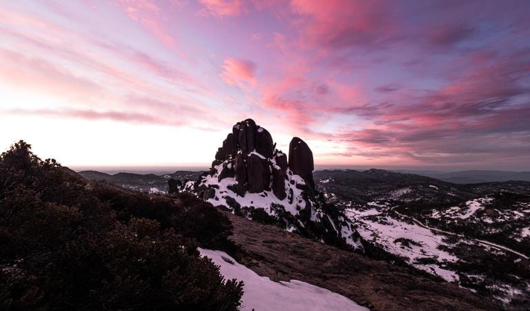 The sun sets over the Cathedral at Mount Buffalo National Park.