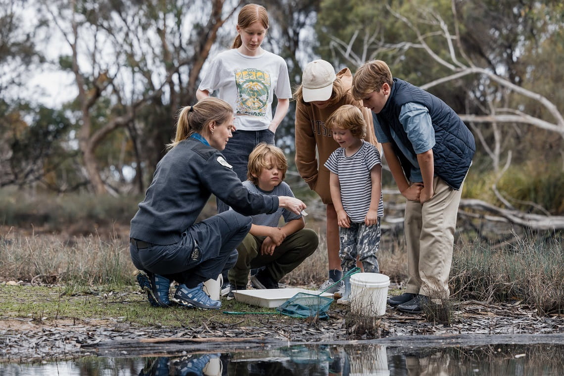 A ranger crouching beside a lake shows minibeasts to five junior rangers