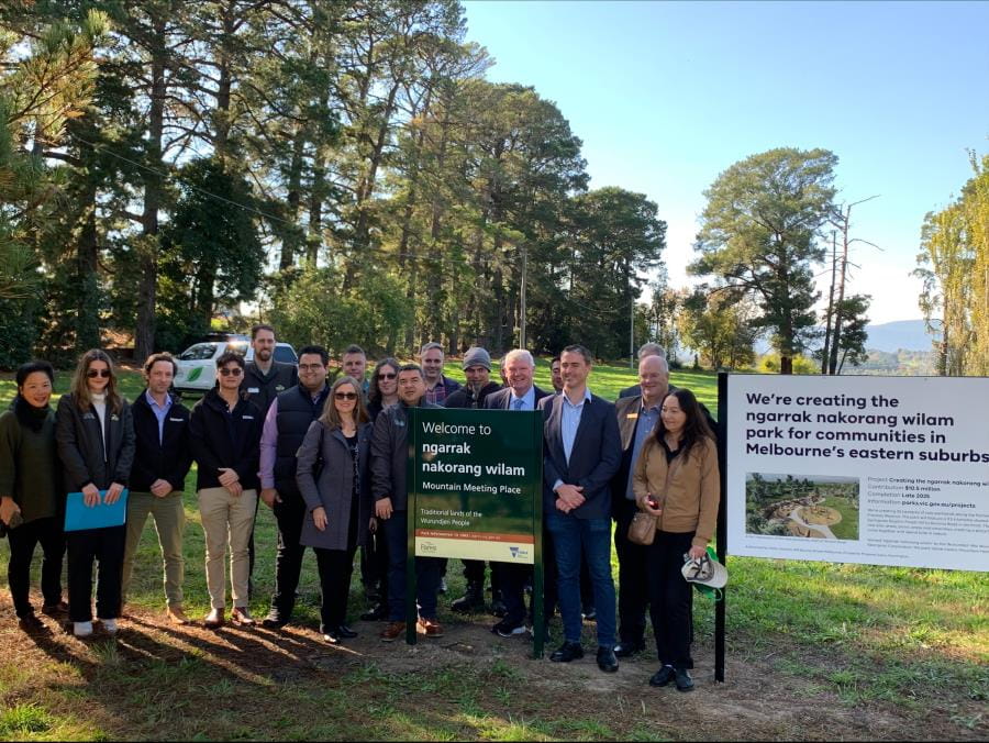 Stakeholders with new park signs bearing the name ngarrak nakorang wilam park