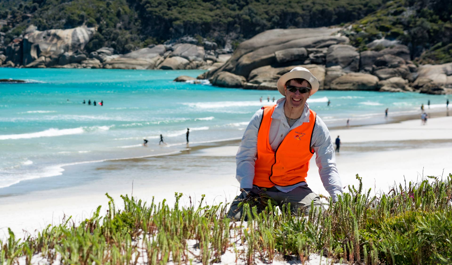 A volunteer wearing a hi-visibility vest tends to a sand dunes regeneration project.