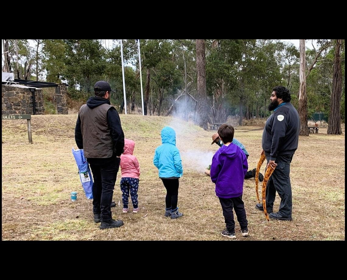 The smoke of the Cherry Ballart tree is used in a Welcome ceremony for Junior Ranger families 