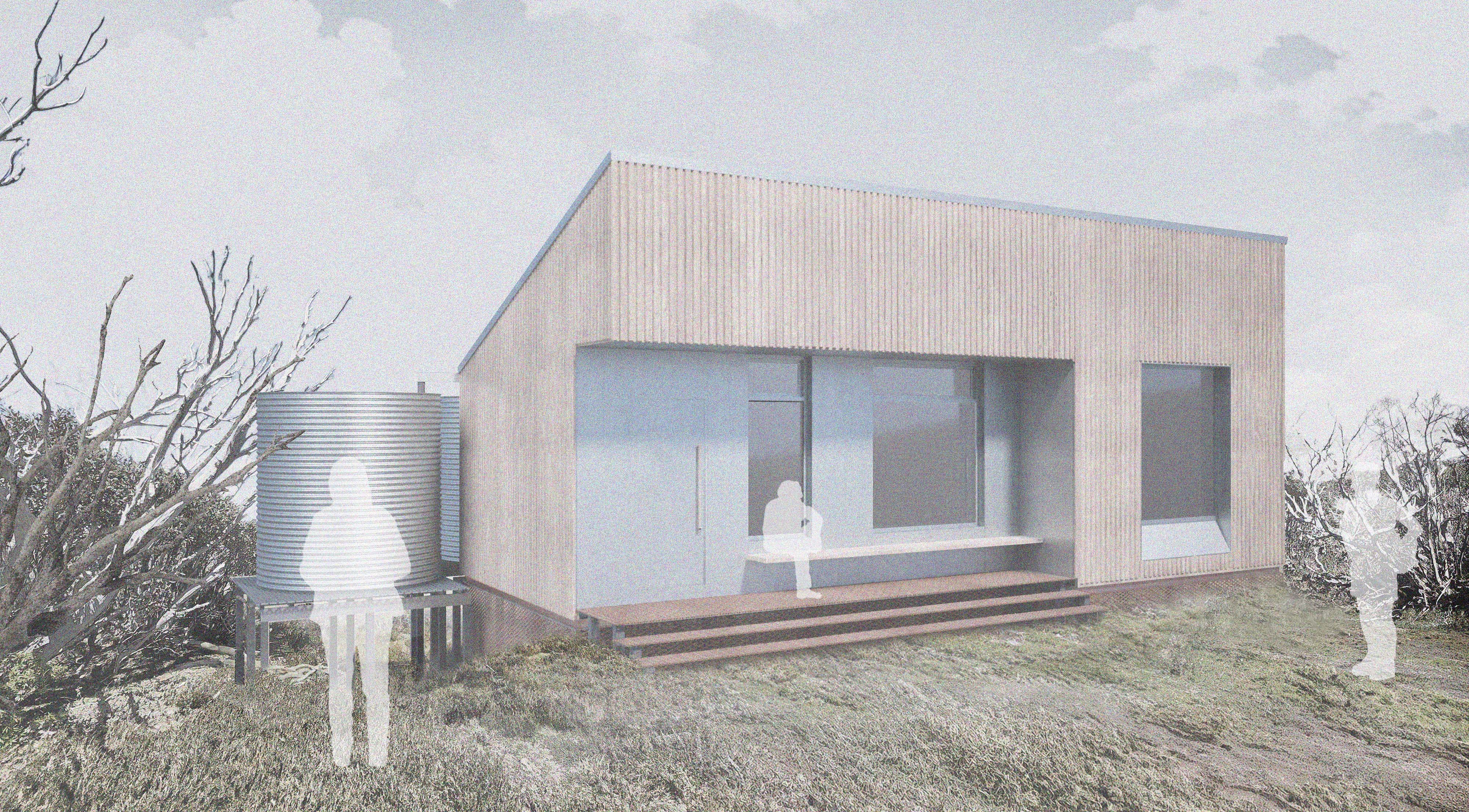 Concept illustration of a small shelter with a tank beside it