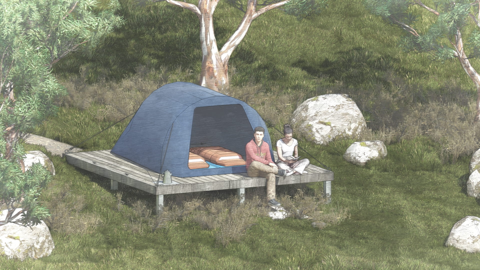 Concept illustration of a small tent and two people sitting on a tent platform in the bush