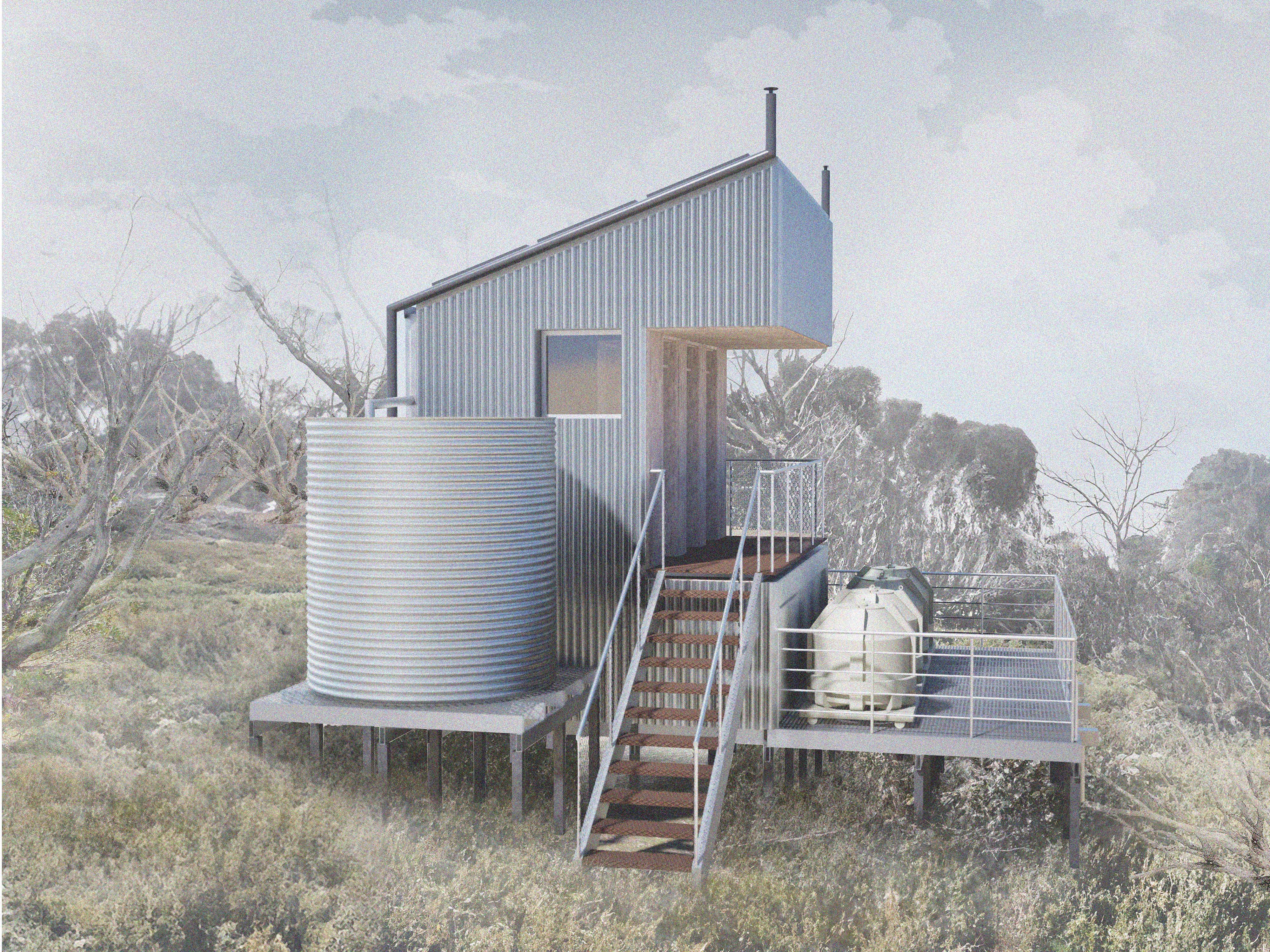 Concept illustration of a raised toilet on a platform, with a tank beside it