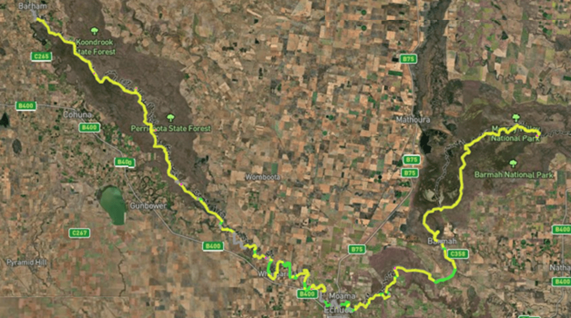 Map showing Stage One of the Murray River Adventure Trail which runs from The Gulf (Barmah National Park) to Koondrook, along the Murray River.