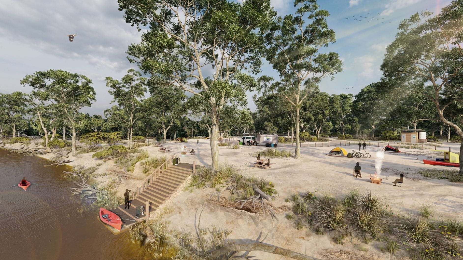 Artists impression of Kiln Bend Campground. People are enjoying picnic tables and fire pits on the bank of the Murray River. A stepped style canoe launch is in the foreground and someone is about to bring their kayak in to shore. In the background tents have been set up, toilets and parking are behind the tent camping area.