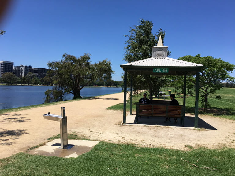 Grebe picnic shelter and accessible water fountain on the Lake Path