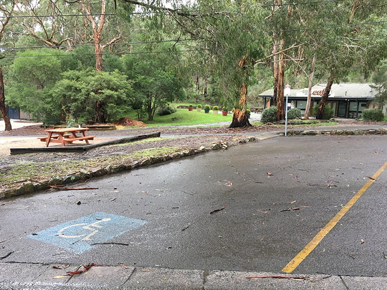 Disabled parking bay for long vehicles located near the café