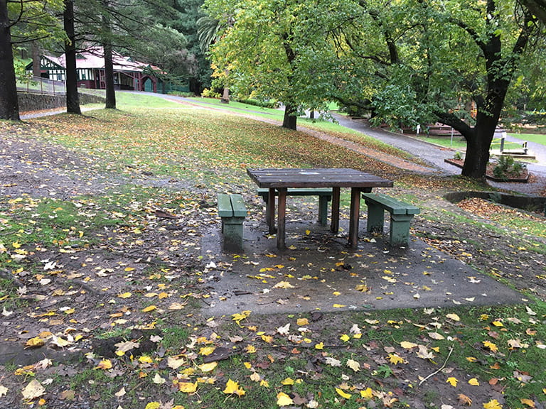 Picnic table located near the top of the carpark at Ferntree Gully