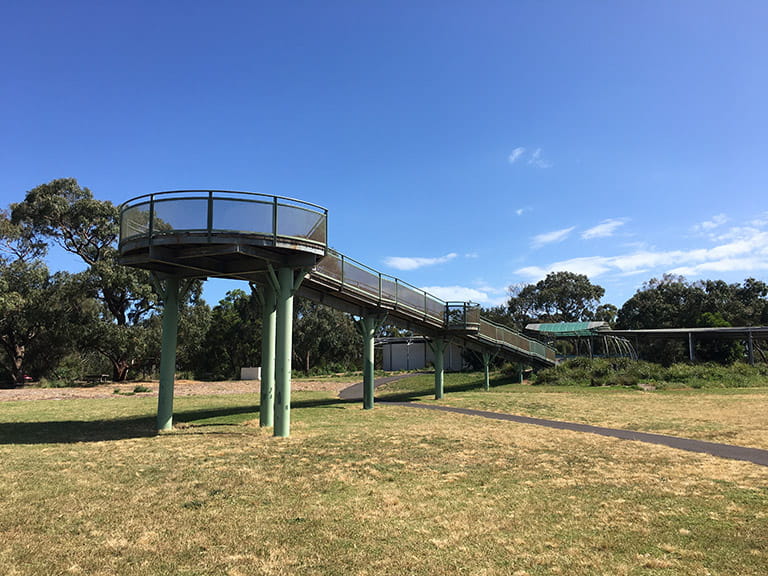 Karakrook Park Dragonfly Observation Tower sealed path to lake