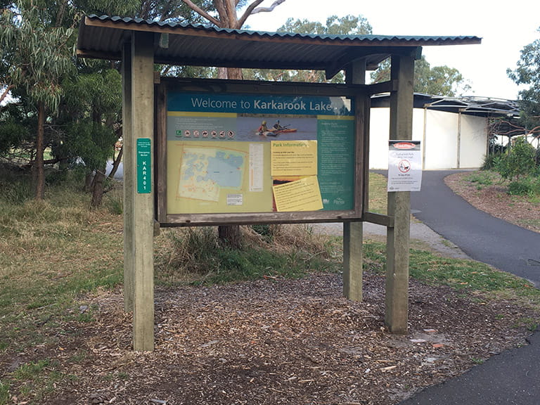 Karkarook Park information shelter with map at Dragonfly picnic area