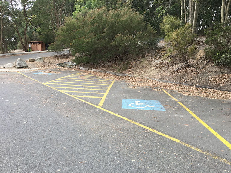 Disabled parking bays near Beach Picnic Area at Lysterfield Park.