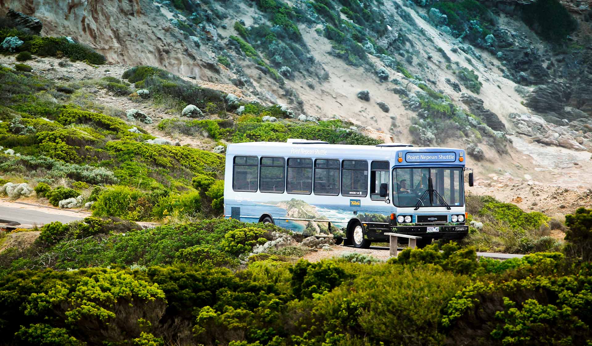 Wide shot of a bus on a road surrounded by nature