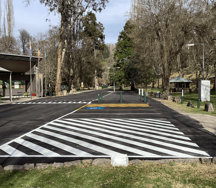 New asphalt and linemarking outside the visitor centre at Buchan Caves Reserve.