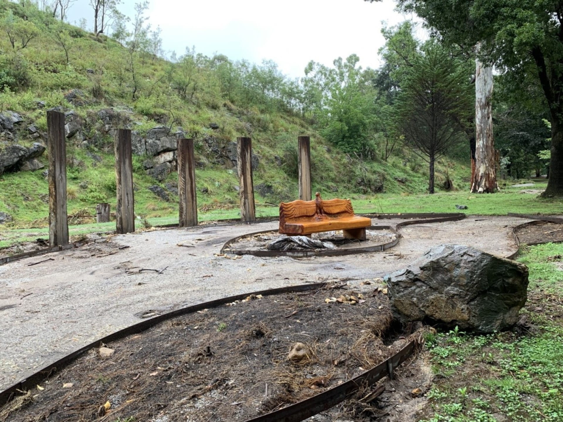 Buchan Caves Reserve roadside rock bollard swept into the Gunaikurnai cultural space by flood water, December 2023