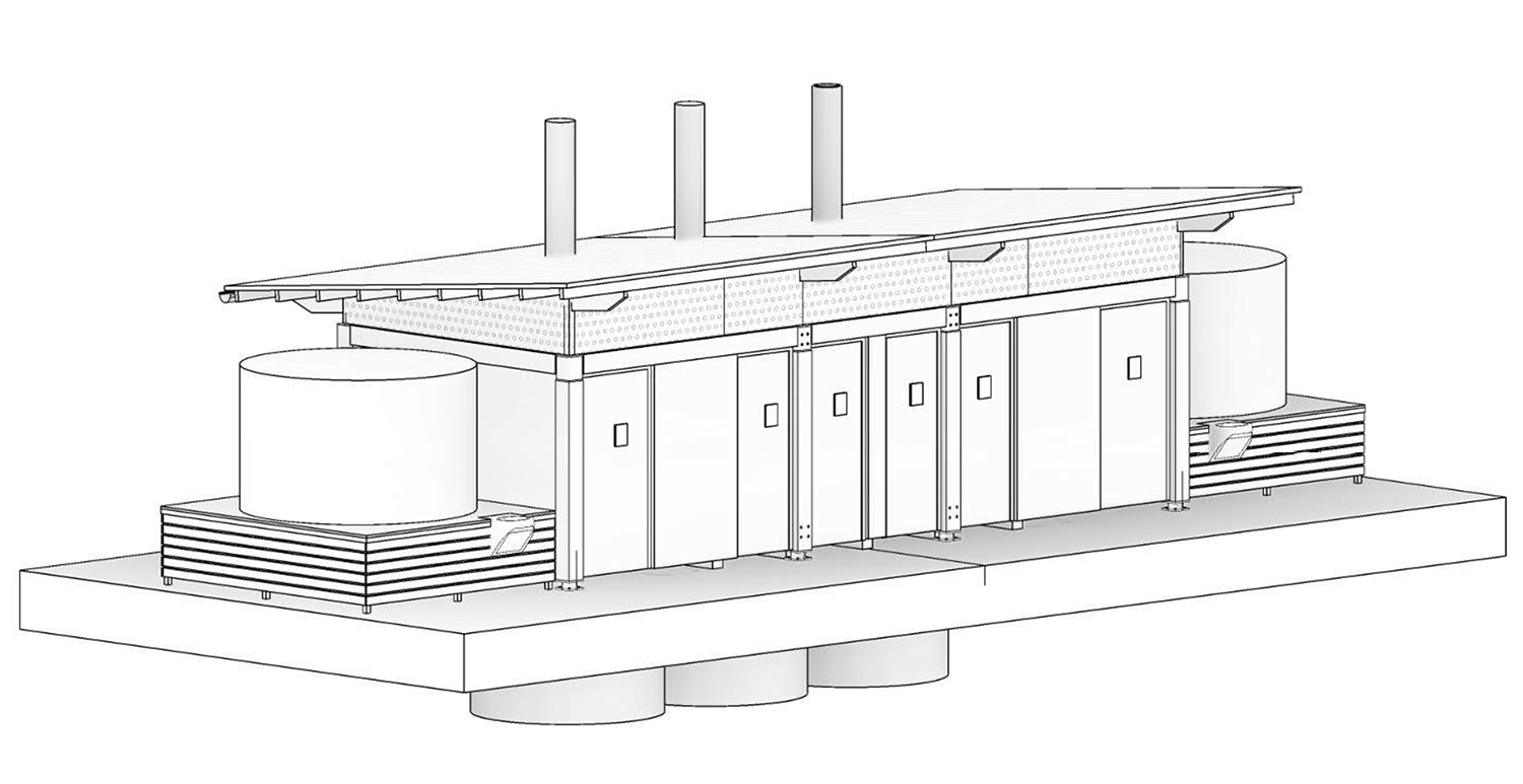 A line drawing of a 6-cubicle accessible toilet block.