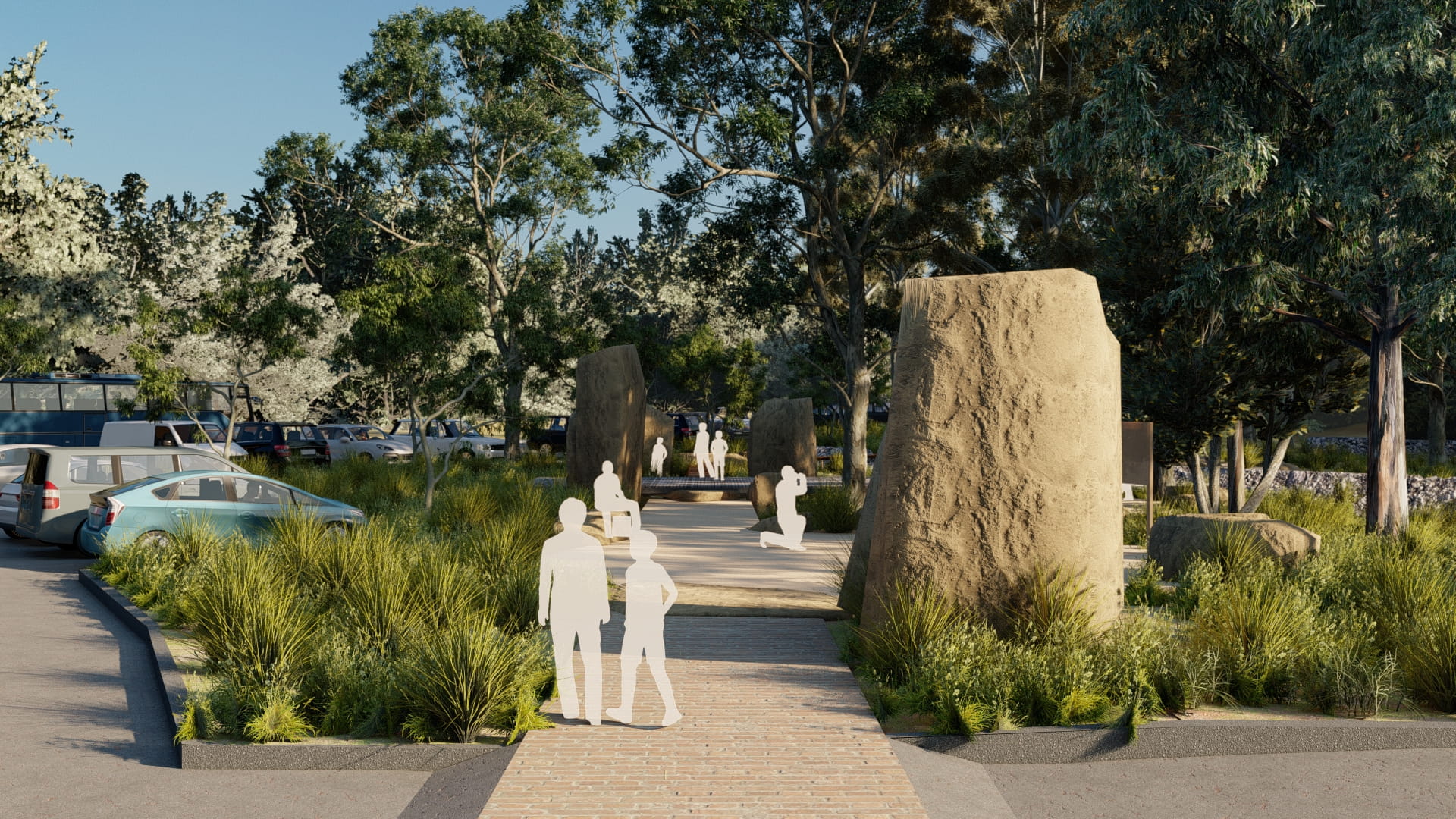Concept illustration of people walking along path with landscaped grasses and large rock surrounding