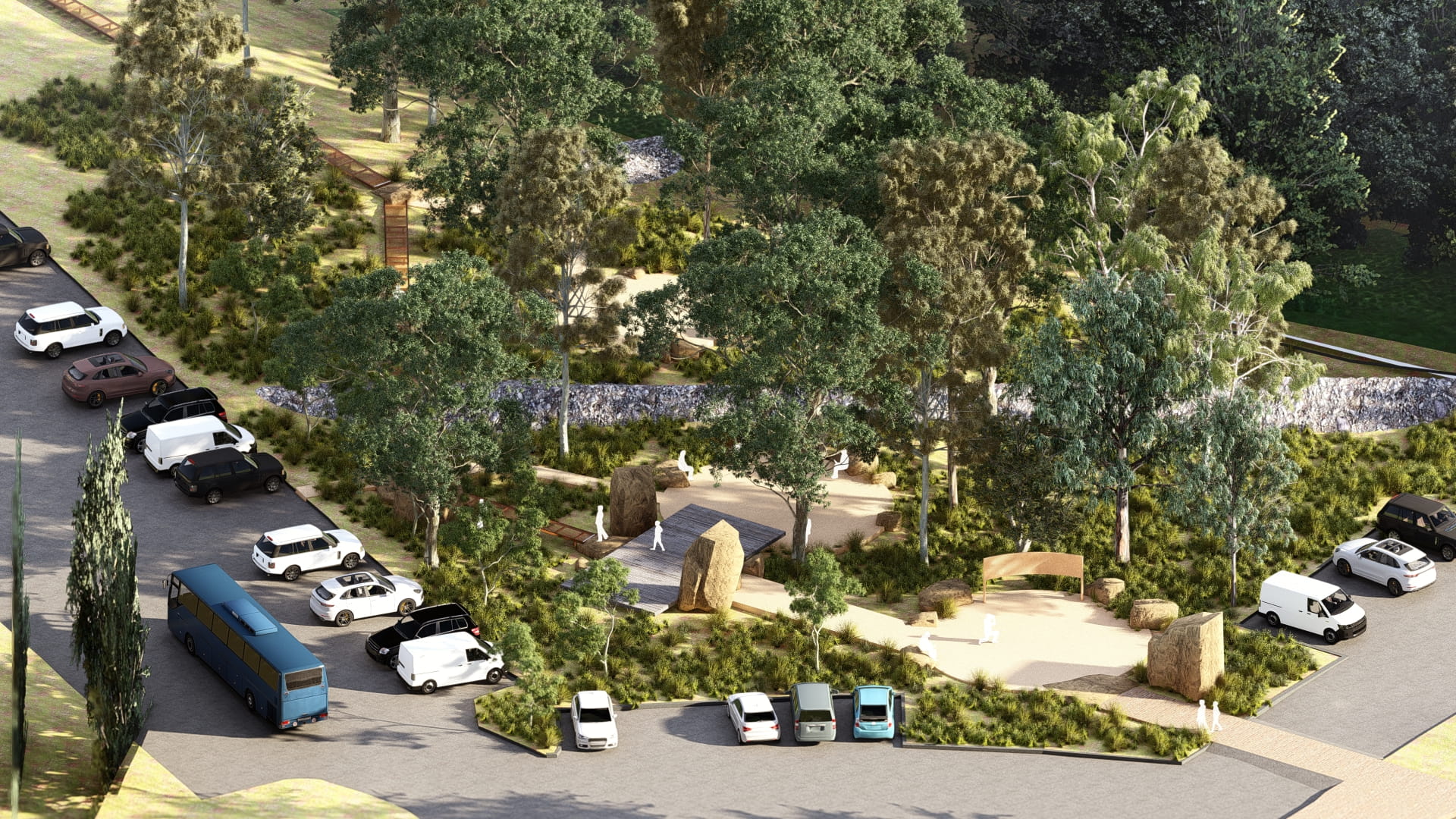 Aerial concept illustration of walking track, path and landscaping, with carpark surrounding
