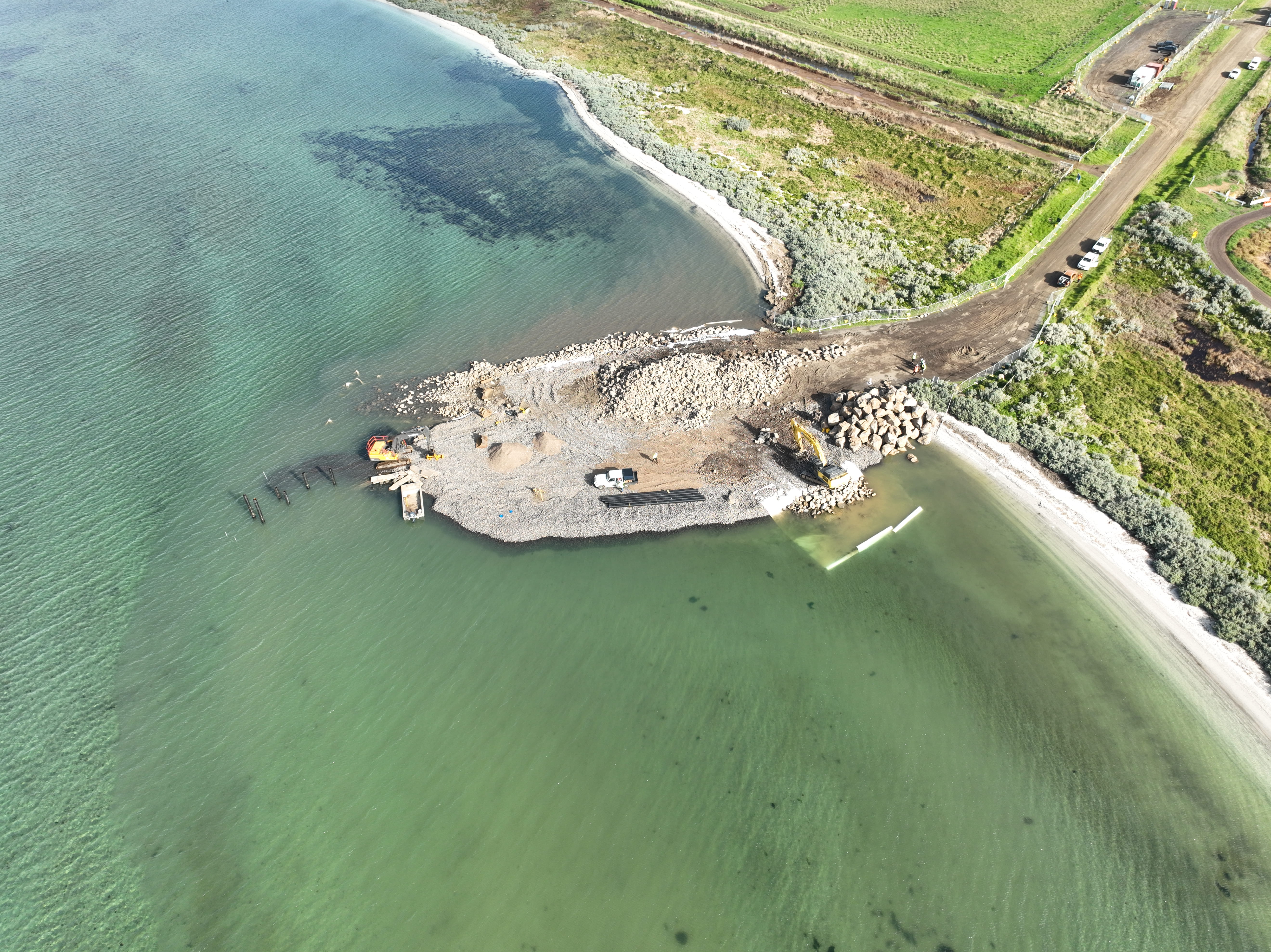 Aerial view of boatramp and surrounding land and coastal waters