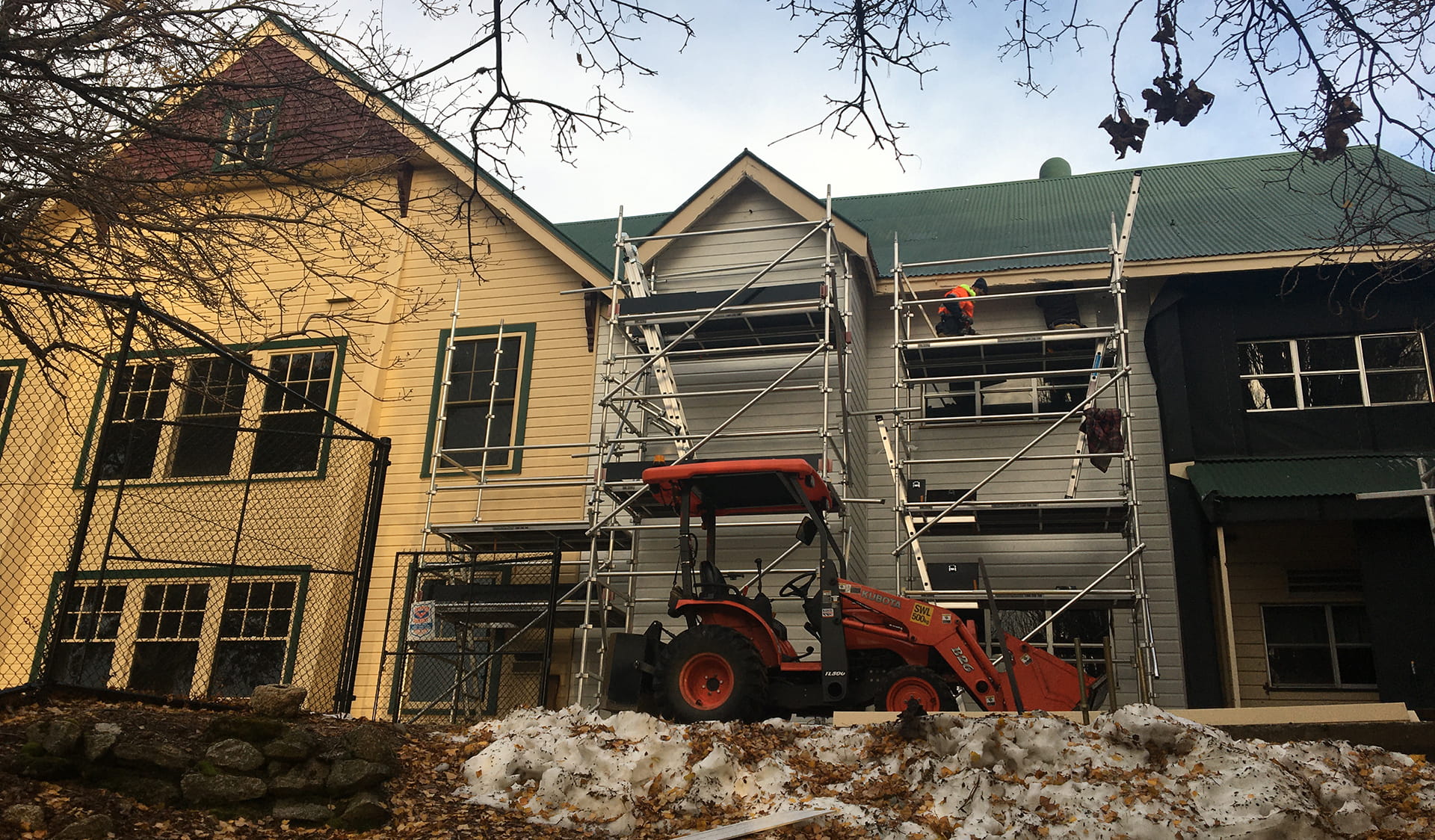 Maintenance works at Mount Buffalo Chalet - re-cladding of the kitchen wall, 6 May 2020.