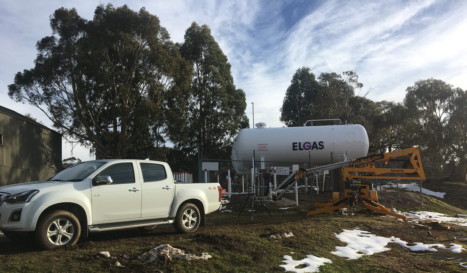 Maintenance works at Mount Buffalo Chalet - Elgas refurbishment of large bullets to provide gas heating for the building, 6 May 2020.