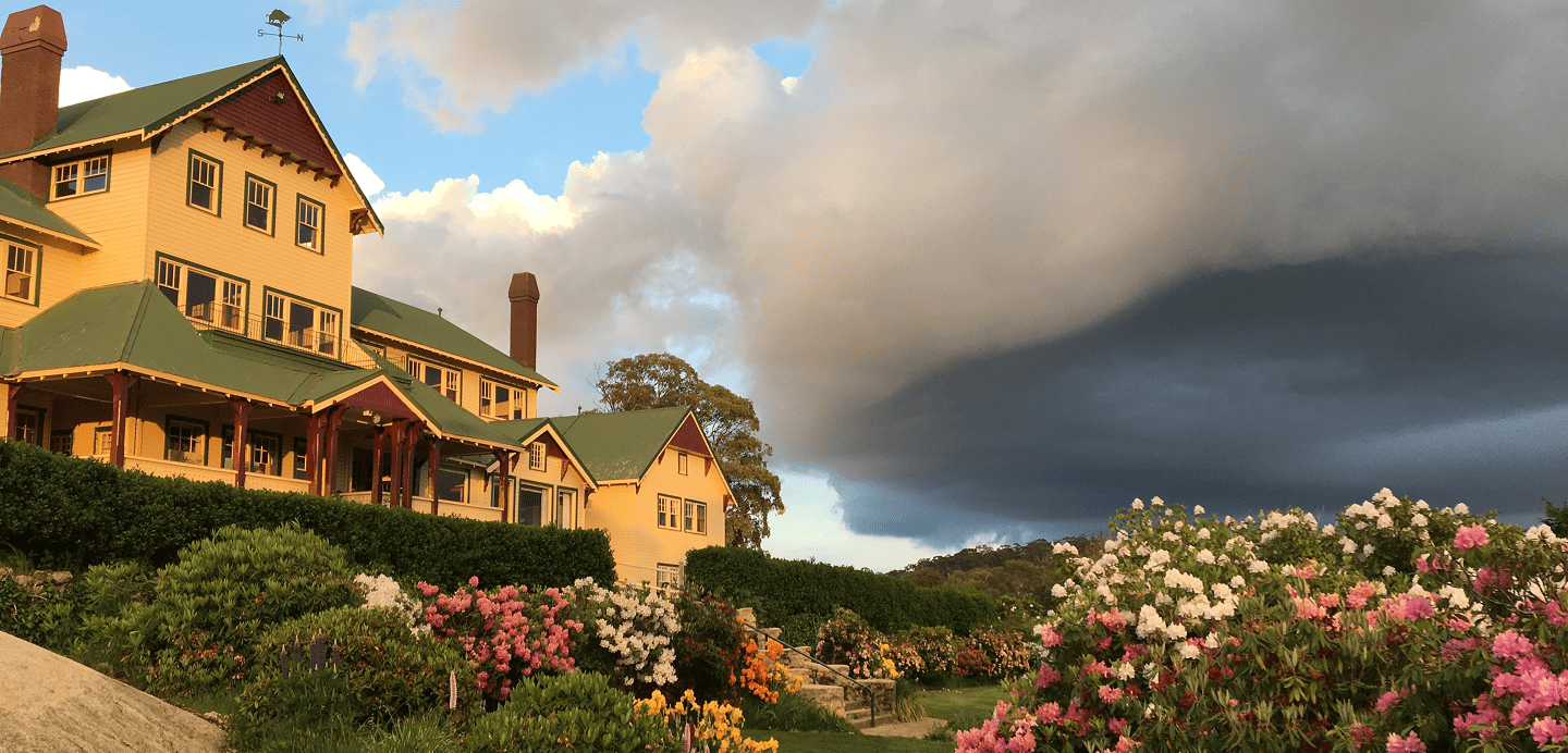 Looking up at the Mount Buffalo Chalet on a stormy day.