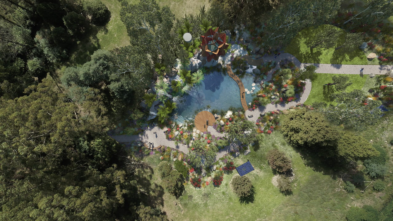 Birds-eye view render of Chelsea Australian Garden at Olinda design 