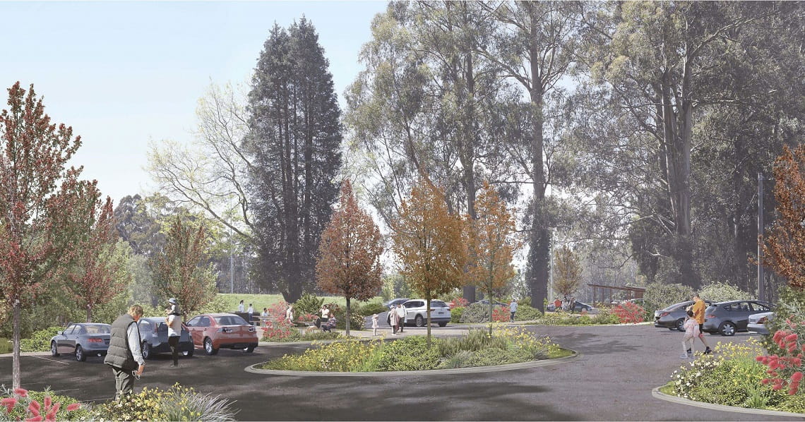 Design render of Olinda Stage 2 project, featuring a new car parking area surrounded by tall trees. 