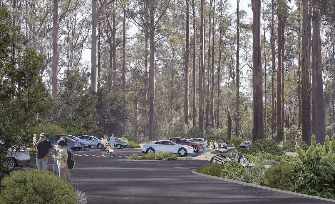 Design render of Olinda Stage 2 project, featuring a new car parking area surrounded by tall trees. 