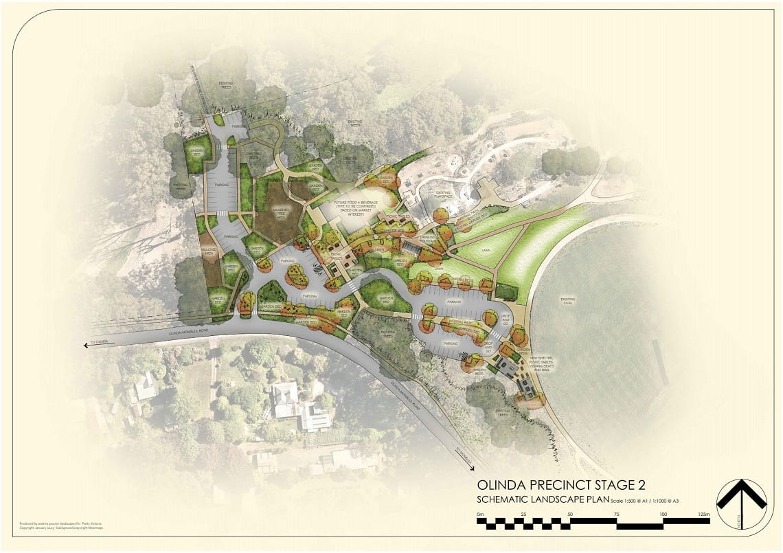 A map image of the Olinda Precinct, featuring illustrations outlining where new facilities will go.