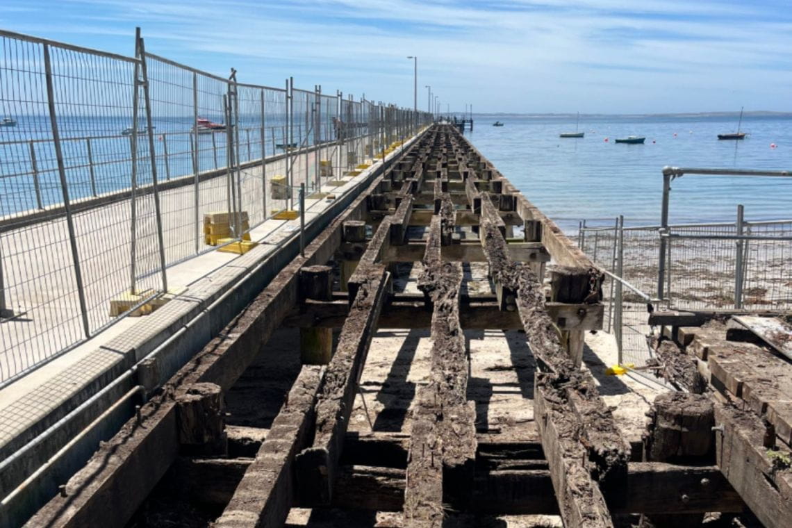 A close-up image of the damaged timber on the Flinders Pier.