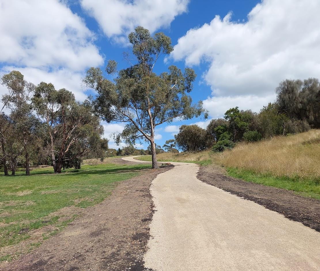 A section of the new Plenty River Trail near the Red Gum Picnic Area .  The surface used for this section is granitic sand.  The view is looking up towards the top of hill with the path winding past a Eucalypt.