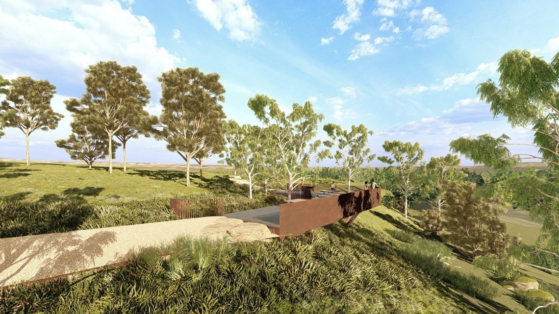 Render image of the Blue Lake Lookout. There is a path coming in from the left, and a rusty looking steel structure overlooking a grassy area. There are tall trees and blue sky in the background. 