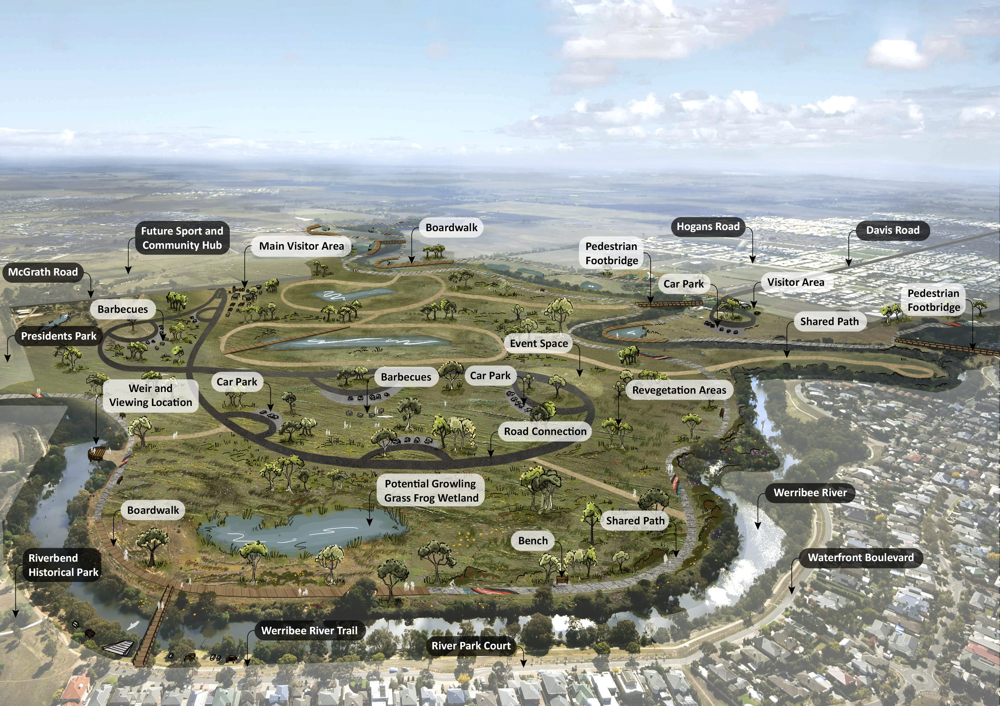 Labelled aerial view of the future Werribee Township Park