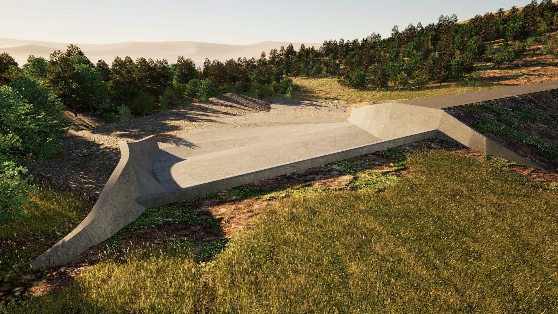 Rendered image of the proposed new concreted section to the side of the current dam wall, with grass and trees surrounding the area.