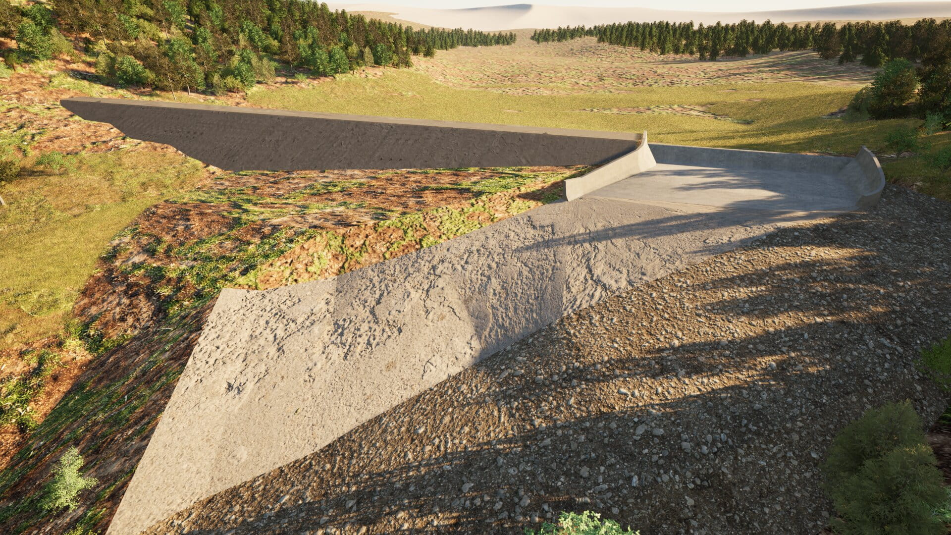 Rendered image of the proposed new concreted section to the side of the current dam wall, with grass and trees surrounding the area.