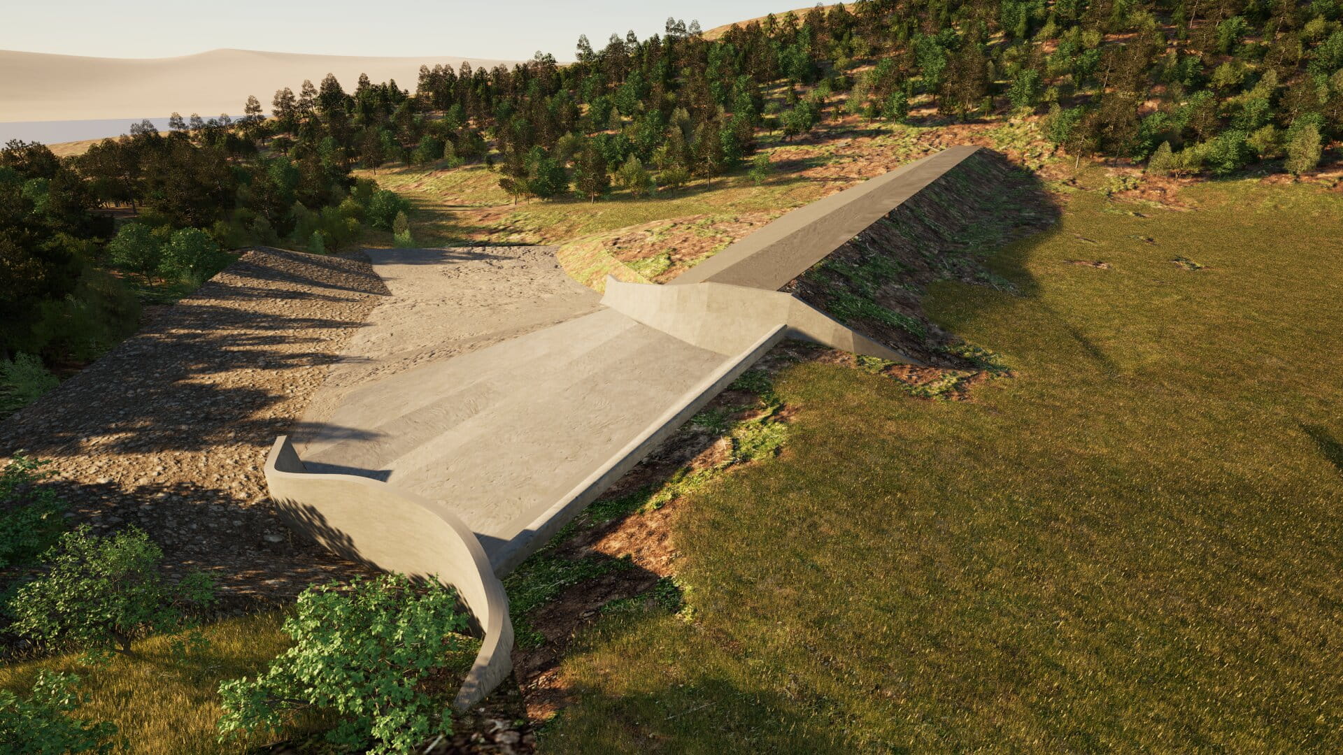 Rendered image of the proposed new concreted section to the side of the current dam wall, with grass and trees surrounding the area.